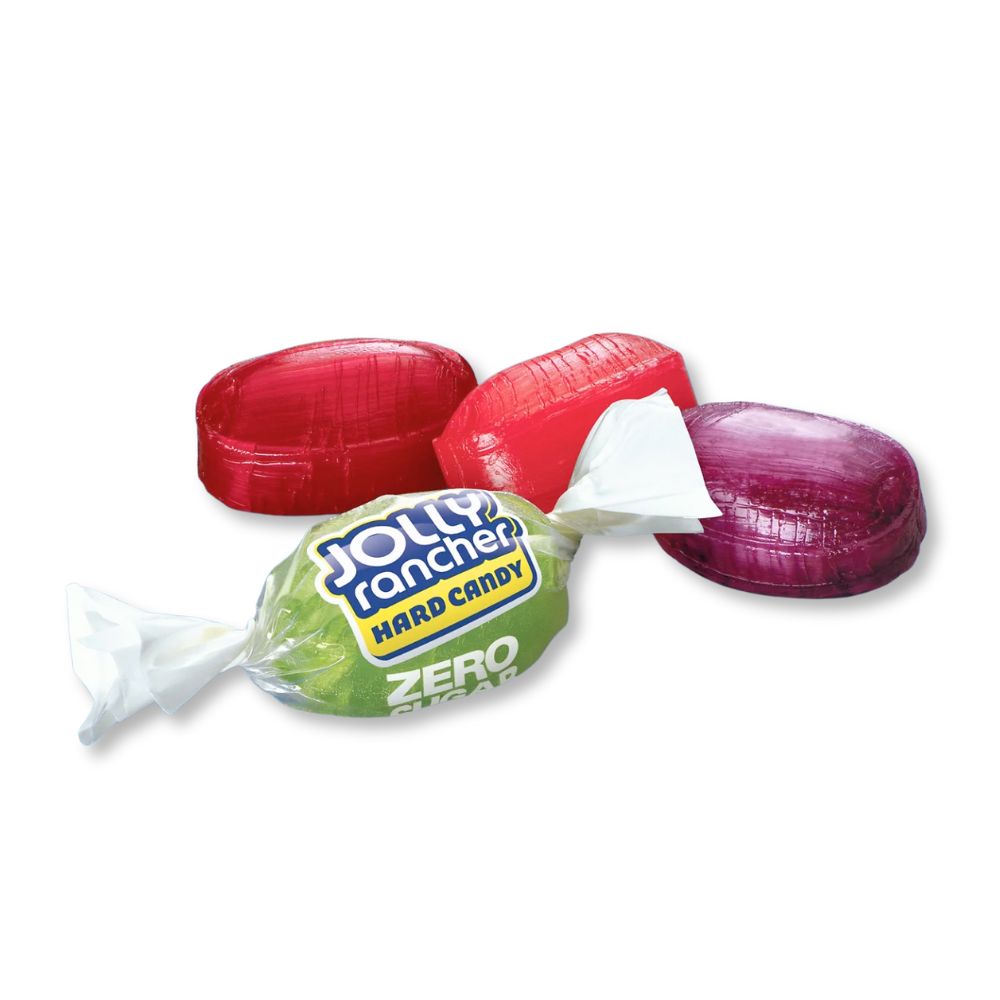 Assorted Jolly Rancher Original Hard Candy Zero Sugar in a bulk value bag by Candy In Bulk, showing colorful candies in a clear bag