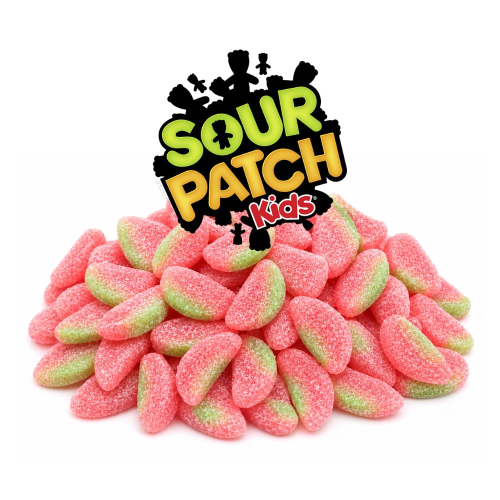 Assorted Watermelon Sour Patch Kids chewy candy in a bulk value bag, colorful gummy candies from Candy In Bulk.