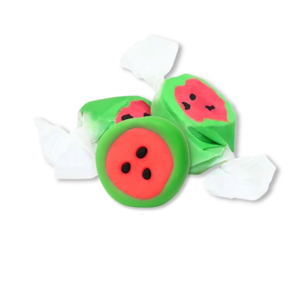 Assorted watermelon salt water taffy candy from Candy In Bulk in a large bulk value bag.