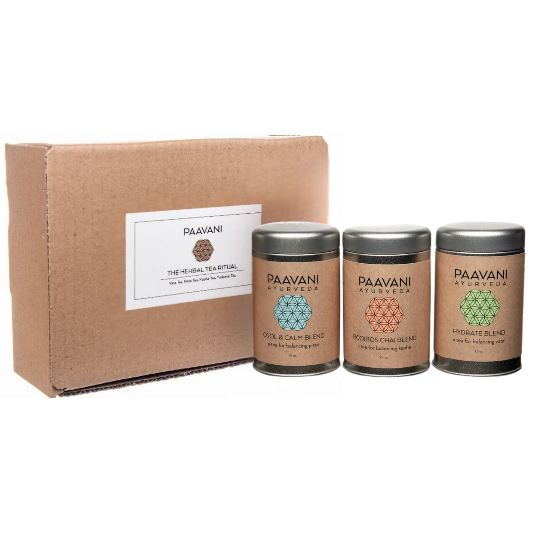 Organic loose-leaf herbal tea from Paavani Ayurveda, showcasing a simple, calming Ayurvedic herbal tea ritual collection.