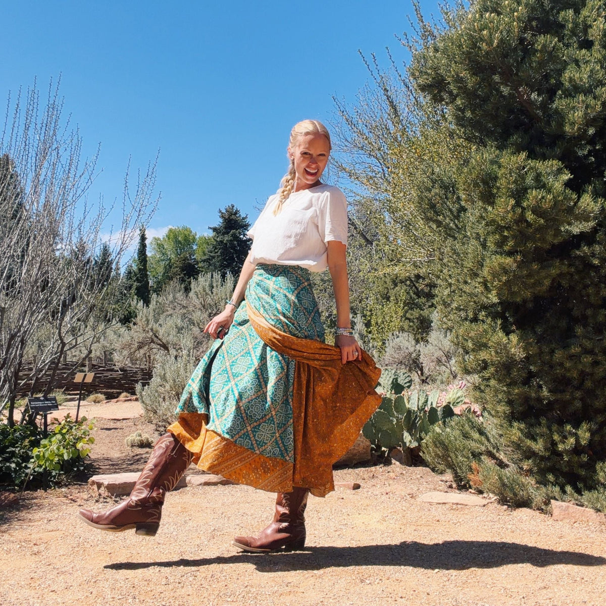 Darn Good Yarn Made With Love saree wrap skirt in vibrant fabric, showcasing its colorful, flowing design and traditional style.