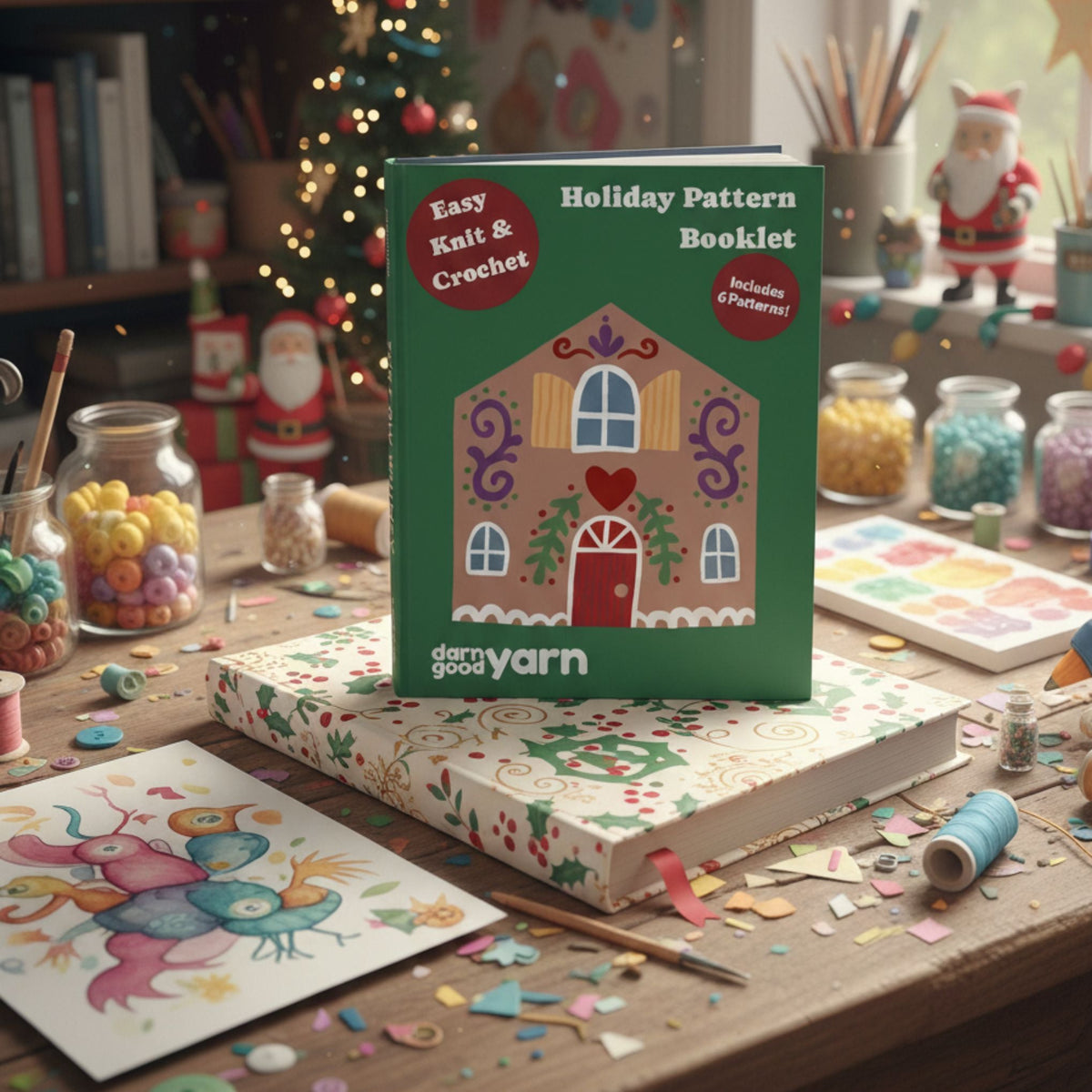 Darn Good Yarn holiday yarn pattern booklet featuring six quick knit, crochet, and no-knit mini patterns for festive crafts.