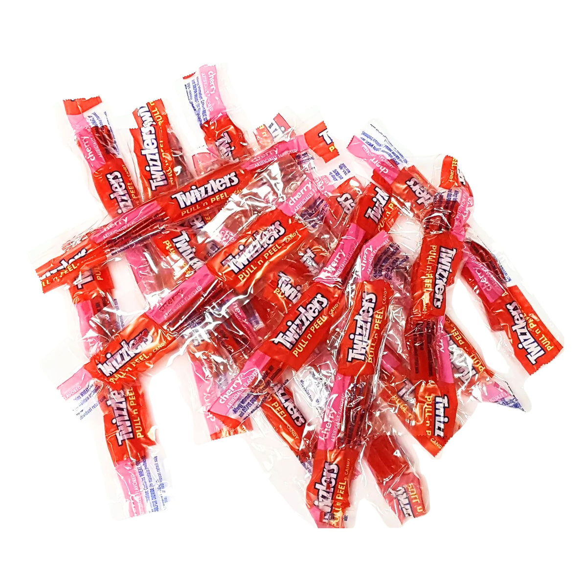 Cherry Twizzlers Pull 'n' Peel candy from Candy In Bulk, showing bright red, twisted candy strands ready to be enjoyed.