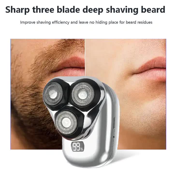 Gray NNEDSZ TS-099 rechargeable electric rotary shaver for men with LED display, USB charging, and cleaning brush in compact design.