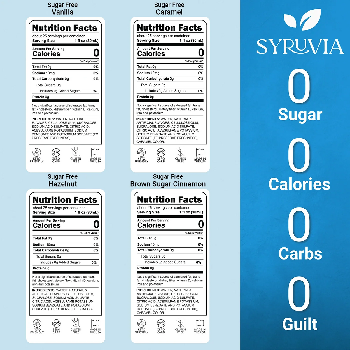 Set of SYRUVIA sugar-free coffeehouse syrups including vanilla, caramel, hazelnut, and brown sugar cinnamon flavors.