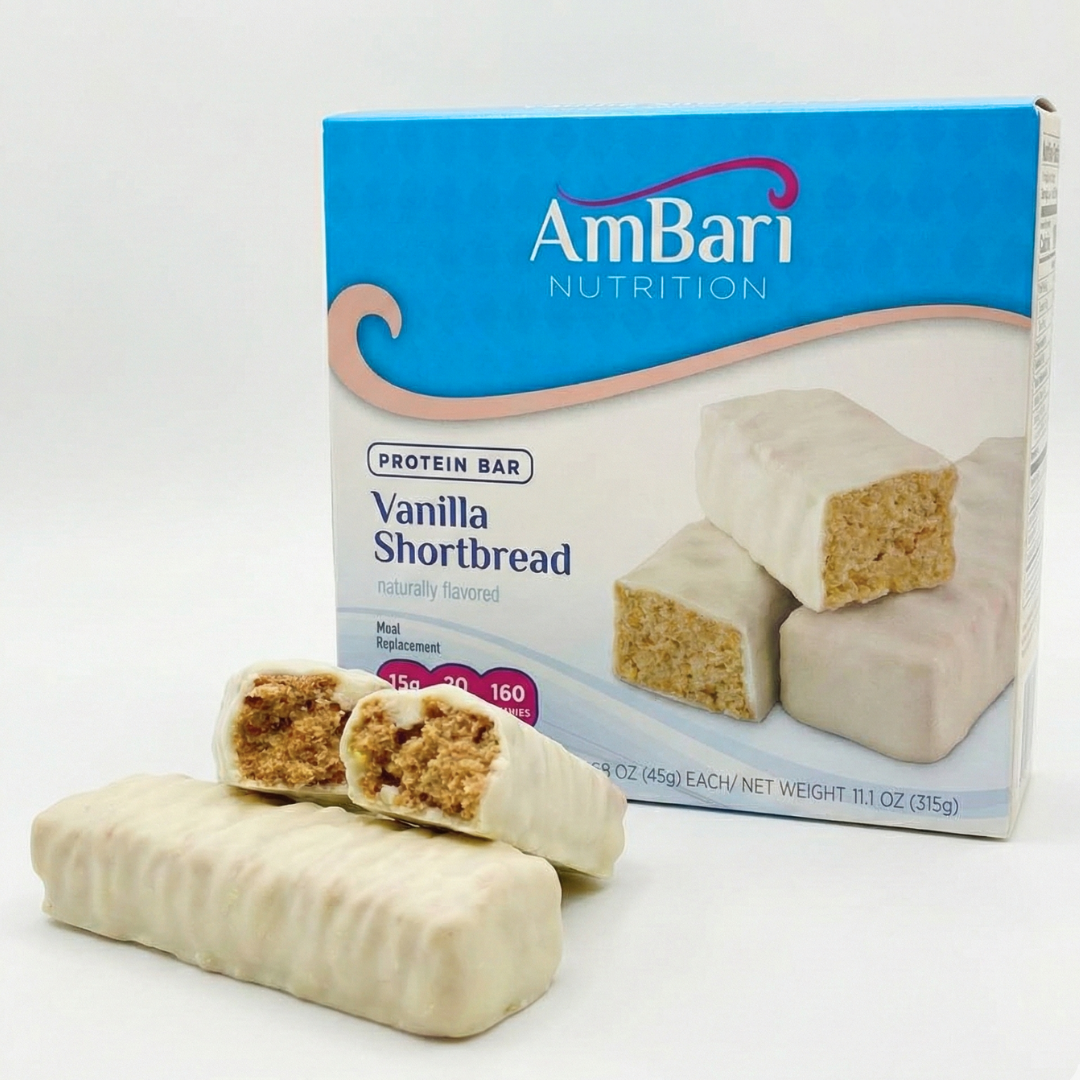 AmBari Nutrition vanilla shortbread bars, golden-brown rectangular snack bars with a crumbly texture and vanilla flavor.
