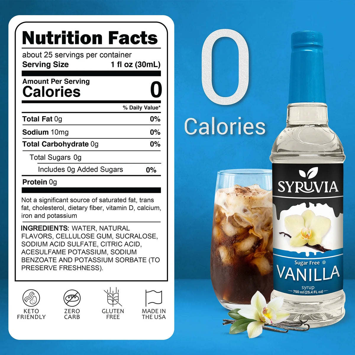 Syruvia sugar-free vanilla coffee syrup bottle with a vanilla flavor label and clear plastic packaging.