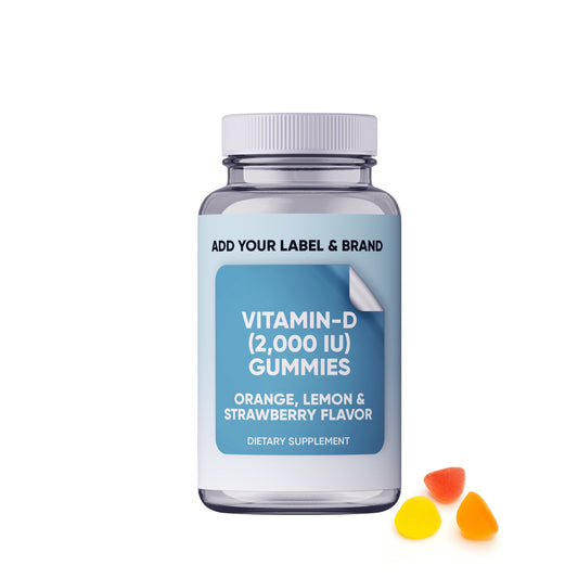Tapioca Vitamin D gummies by Your Label, showing colorful, chewy vitamin D supplement candies in a clear container.