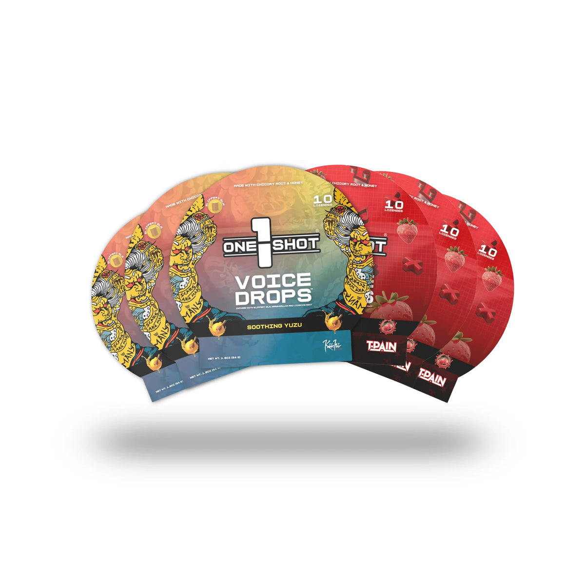 Image of the Voice Stack bundle by 1 Shot Energy, featuring multiple supplement bottles for vocal support and energy enhancement.