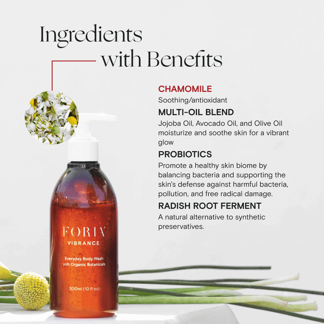 Foria Everyday Body Wash with organic botanicals, showing the bottle with botanical ingredients and natural plant elements.