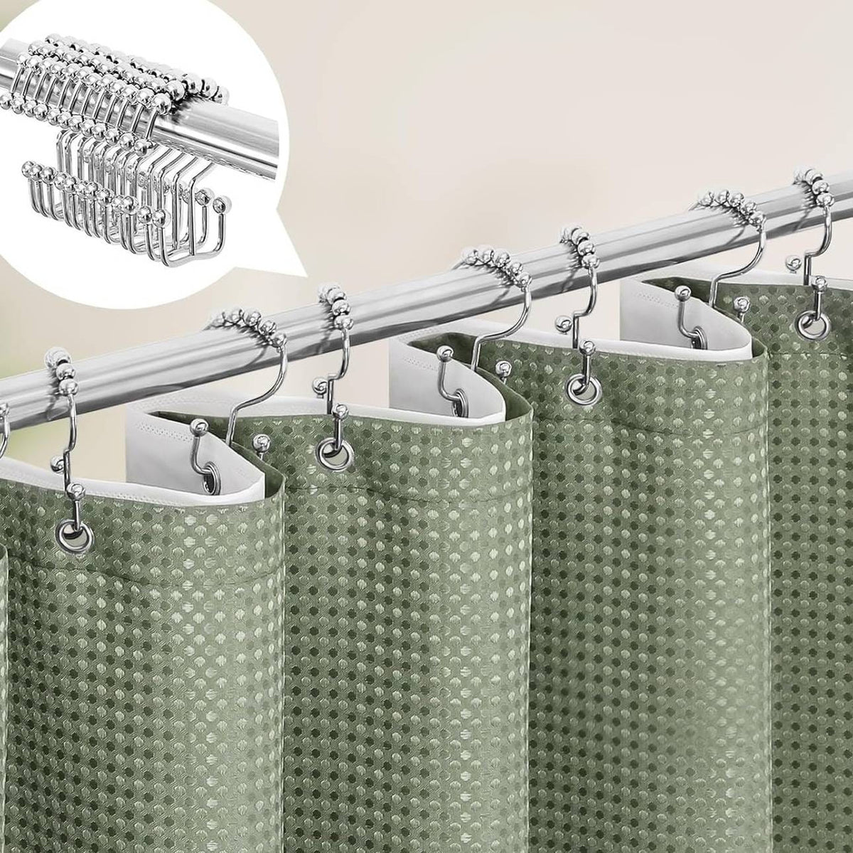 Sage green waffle textured 3-in-1 shower curtain set by BACKUPMYFILESNOW® displayed hanging in a bathroom.