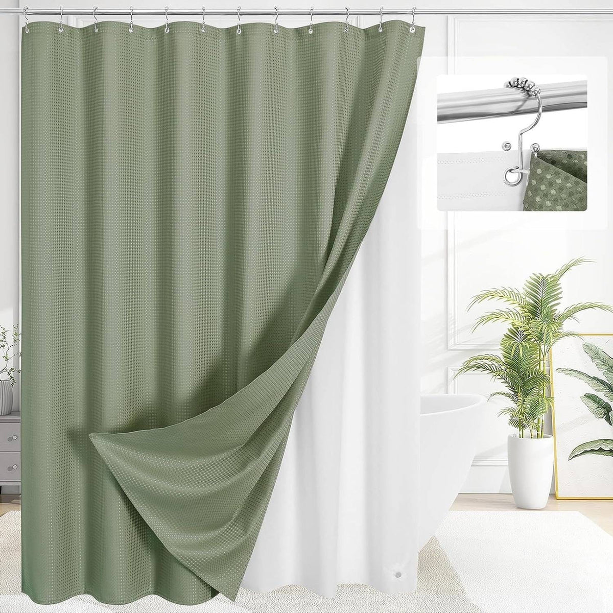 Sage green waffle textured 3-in-1 shower curtain set with hooks, featuring a durable fabric design for bathroom decor.