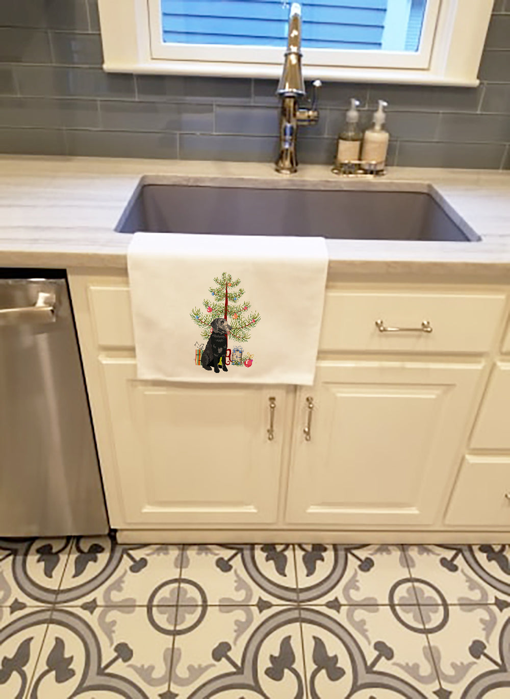 Set of two black and tan Schnauzer Christmas kitchen towels by Caroline's Treasures, featuring festive dog designs.