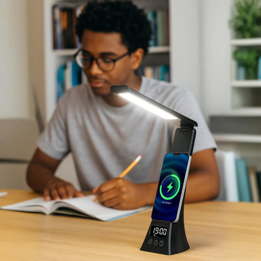 Pursonic 2-in-1 wireless charging alarm clock with LED desk lamp and speaker, featuring modern electronic design and illuminated display.