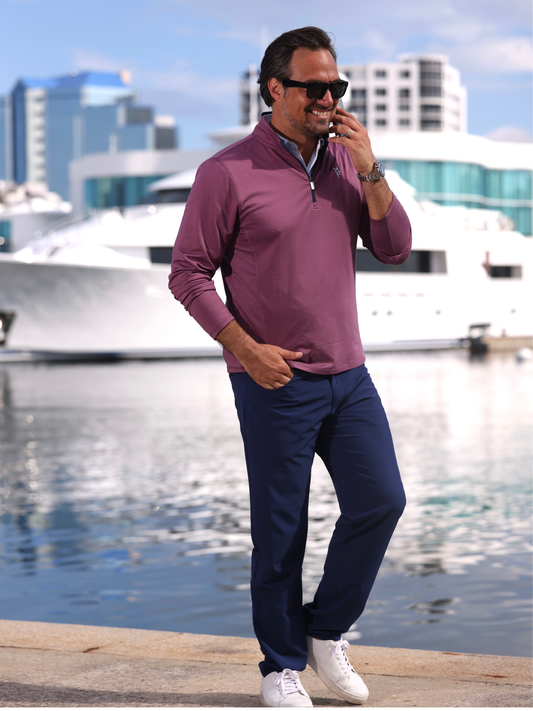Navy White Water Life Montauk quarter zip midweight comfort shirt, soft fabric with stand-up collar and quarter zipper detail.