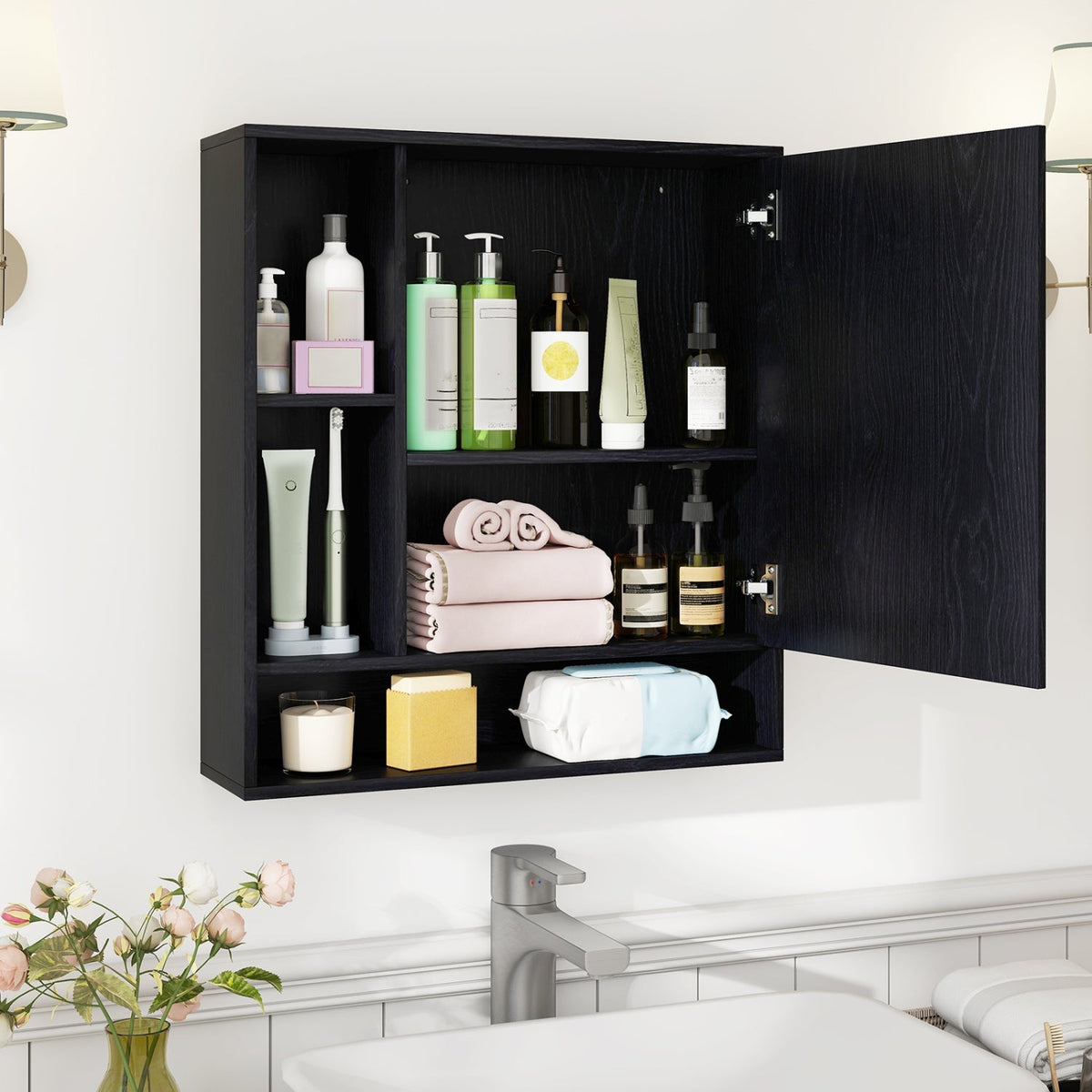 Wooden play kitchen for kids with realistic lights, sounds, and wall-mounted design, featuring a sink, stove, and storage compartments.