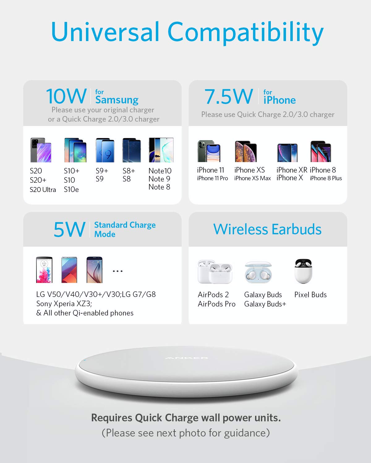 White Anker 313 wireless charging pad for charging compatible devices with a sleek, minimalist design.