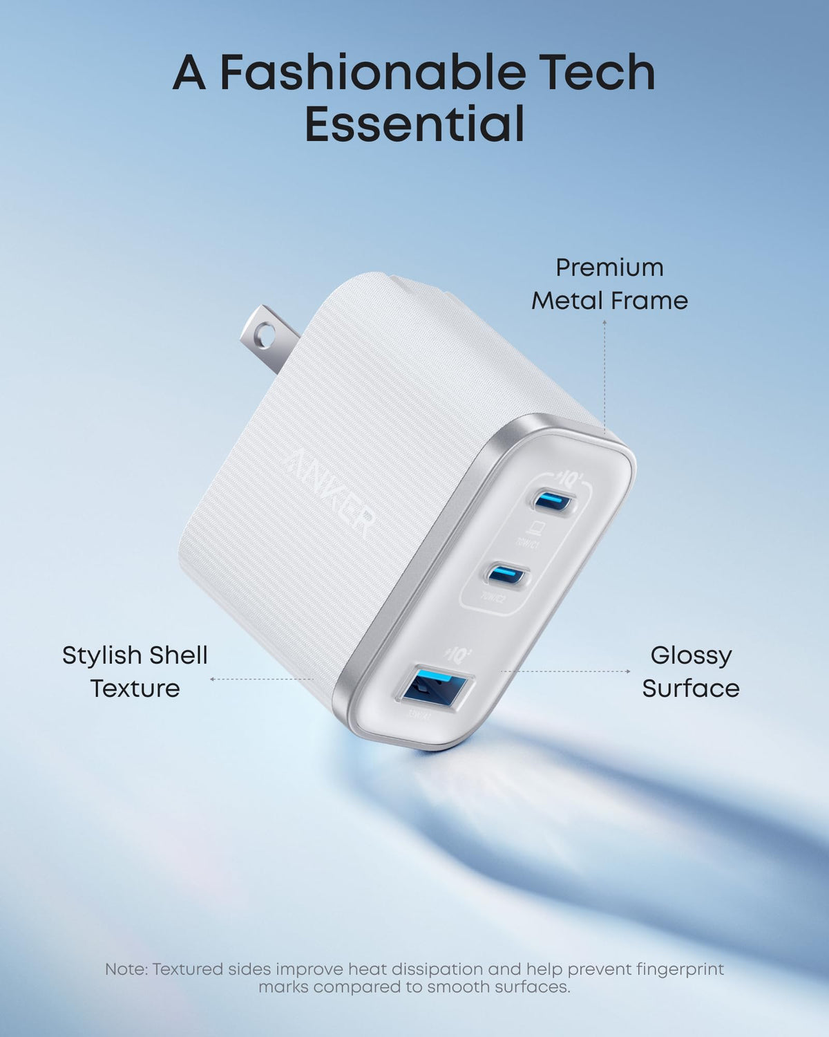White Anker Nano 70W charger with three ports, compact design, and sleek appearance for fast device charging.