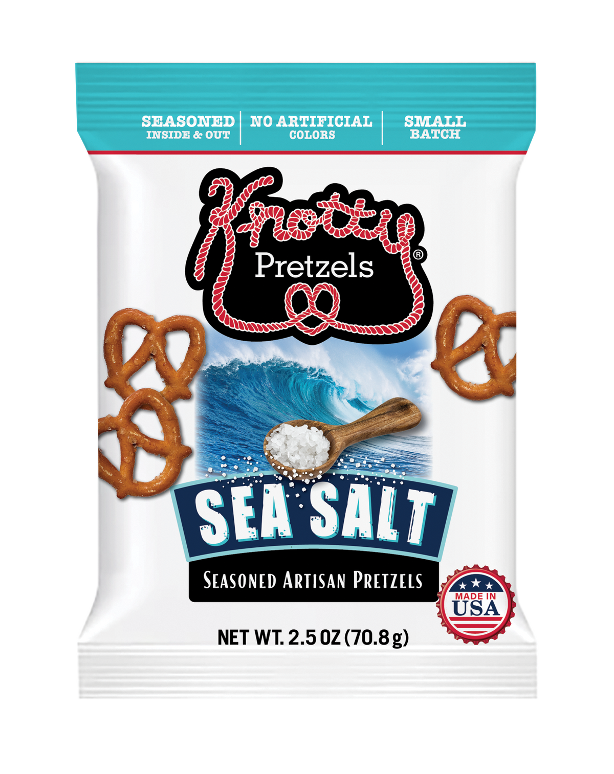 White bag of Knotty Pretzels sea salt snack pretzels in a 2.5 oz bag, showcasing salty, crunchy pretzel snacks.