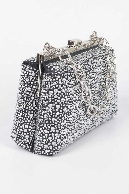 Women's hotfix clutch handbag from MEATPACKING by BYMANYC New York, stylish accessory with detailed embellishments.