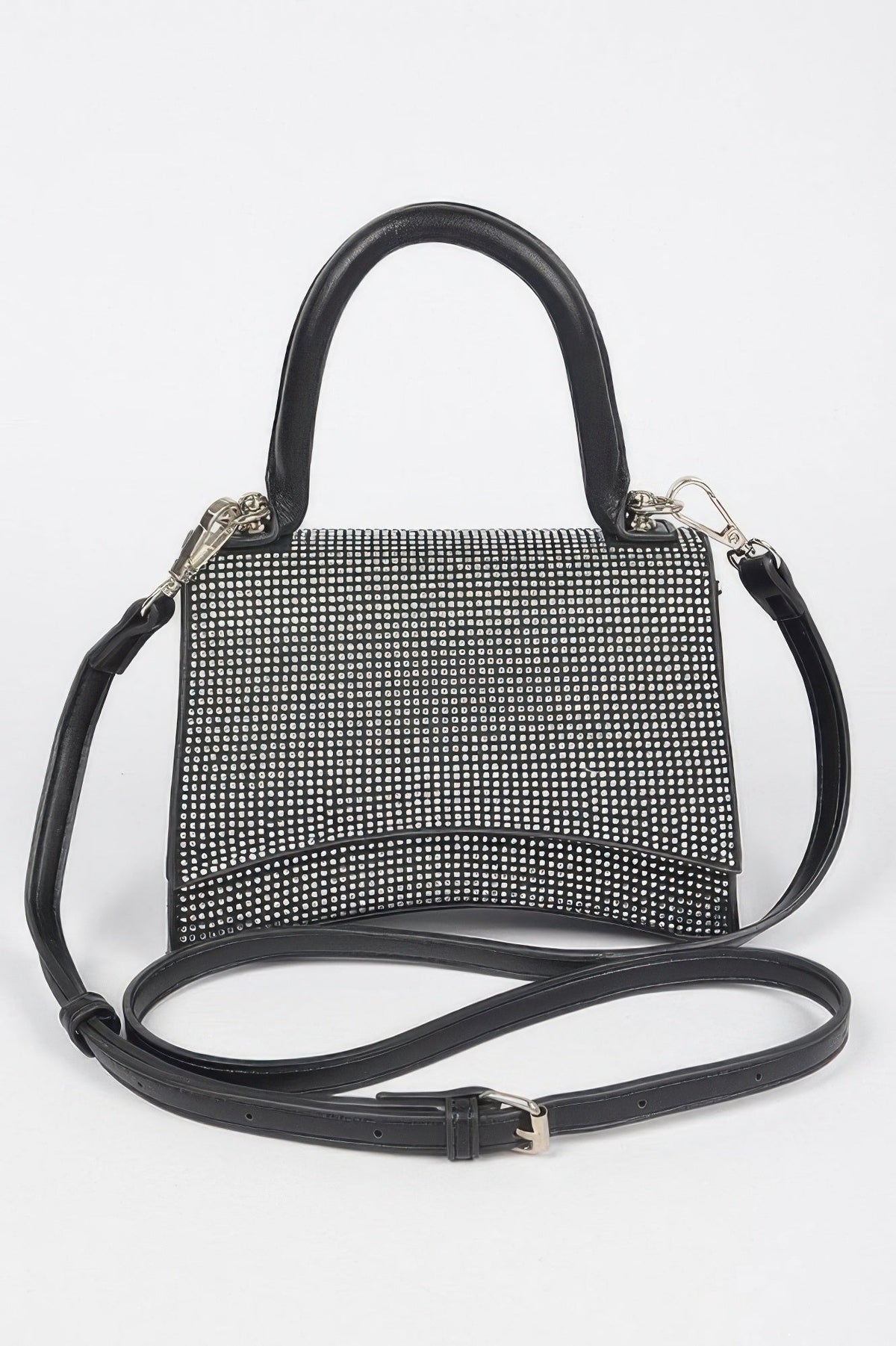 Women's rhinestone top handle handbag by BYMANYC New York, featuring a glamorous design with sparkling rhinestones and elegant handle.