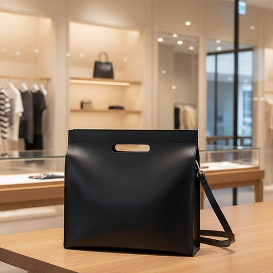 Women’s minimalist cutout tote bag from BYMANYC New York, part of the Manhattan Chic collection, showcasing sleek design and cutout details.