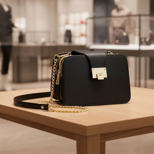 Women’s SoHo Chain Flap Handbag from BYMANYC’s Manhattan Chic Collection featuring a stylish flap design and chain strap.