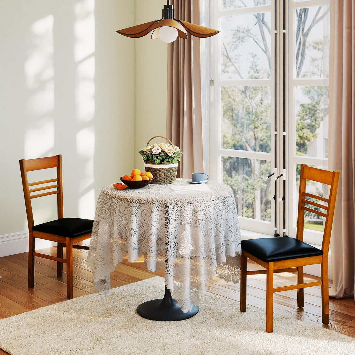 Wooden dining chairs for kids, part of a play kitchen set with realistic lights and sounds, designed for imaginative children's play.