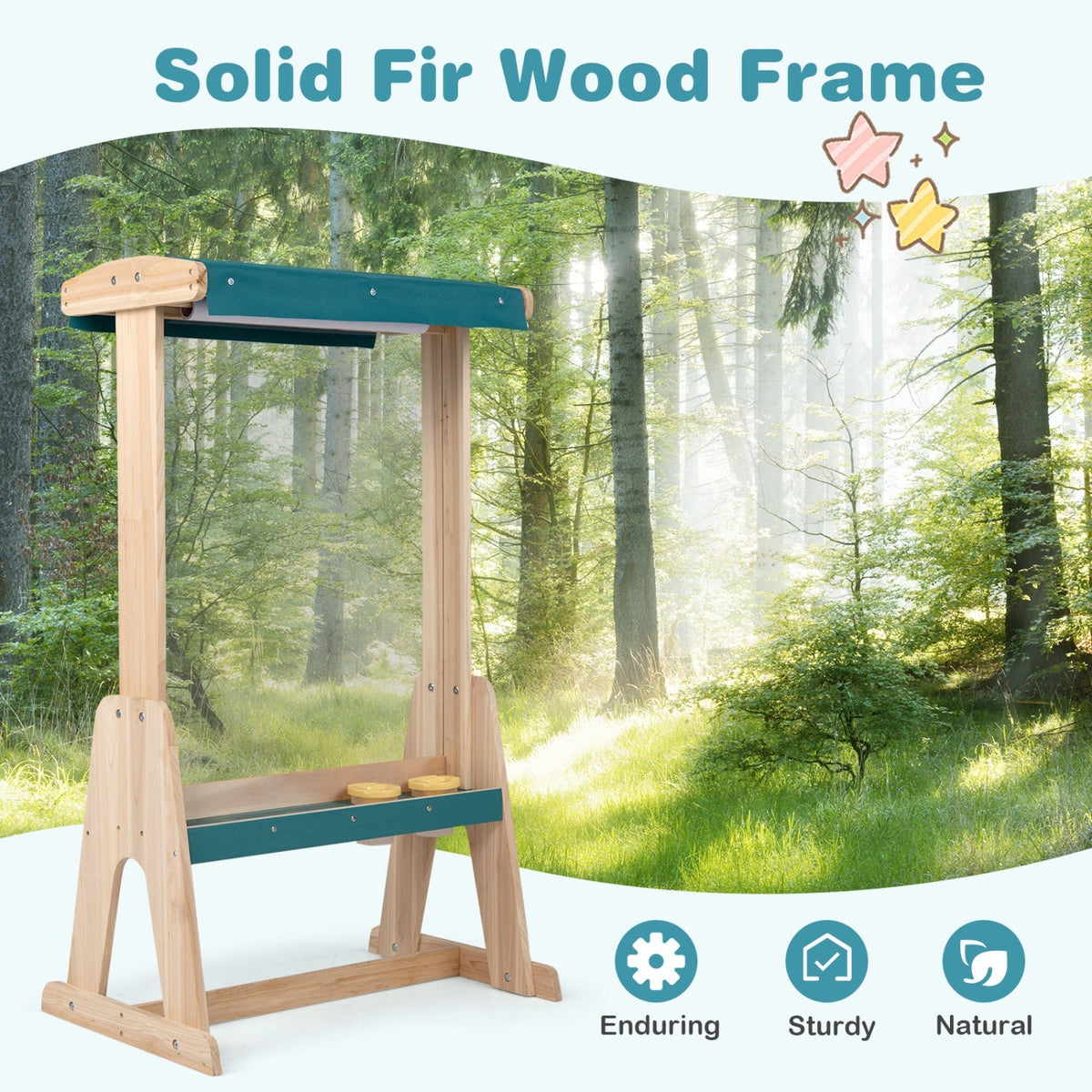 Wooden art easel for kids with canopy and paper roll, ideal for creative painting and drawing activities