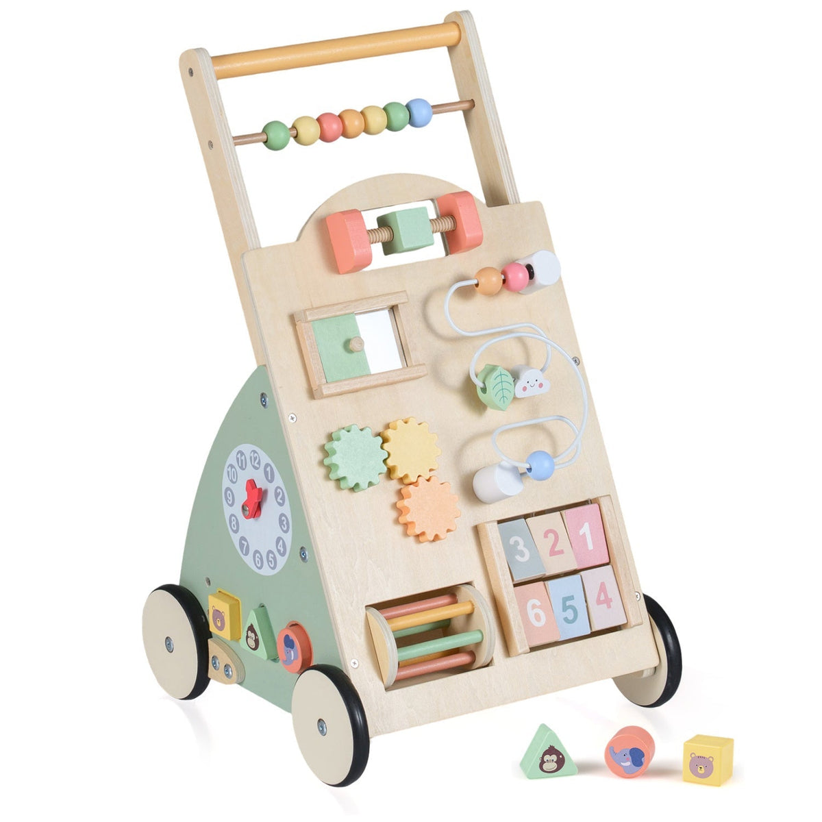 Wooden baby walker with wheels and storage basket, sturdy and safe for toddlers, featuring smooth finish and functional design.