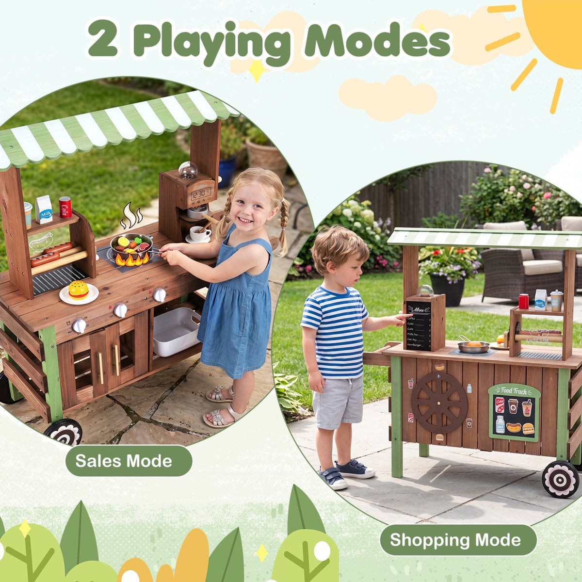 Wooden grocery store playset with wheels for kids, includes shelves, food items, and shopping cart, by GBruno Store.