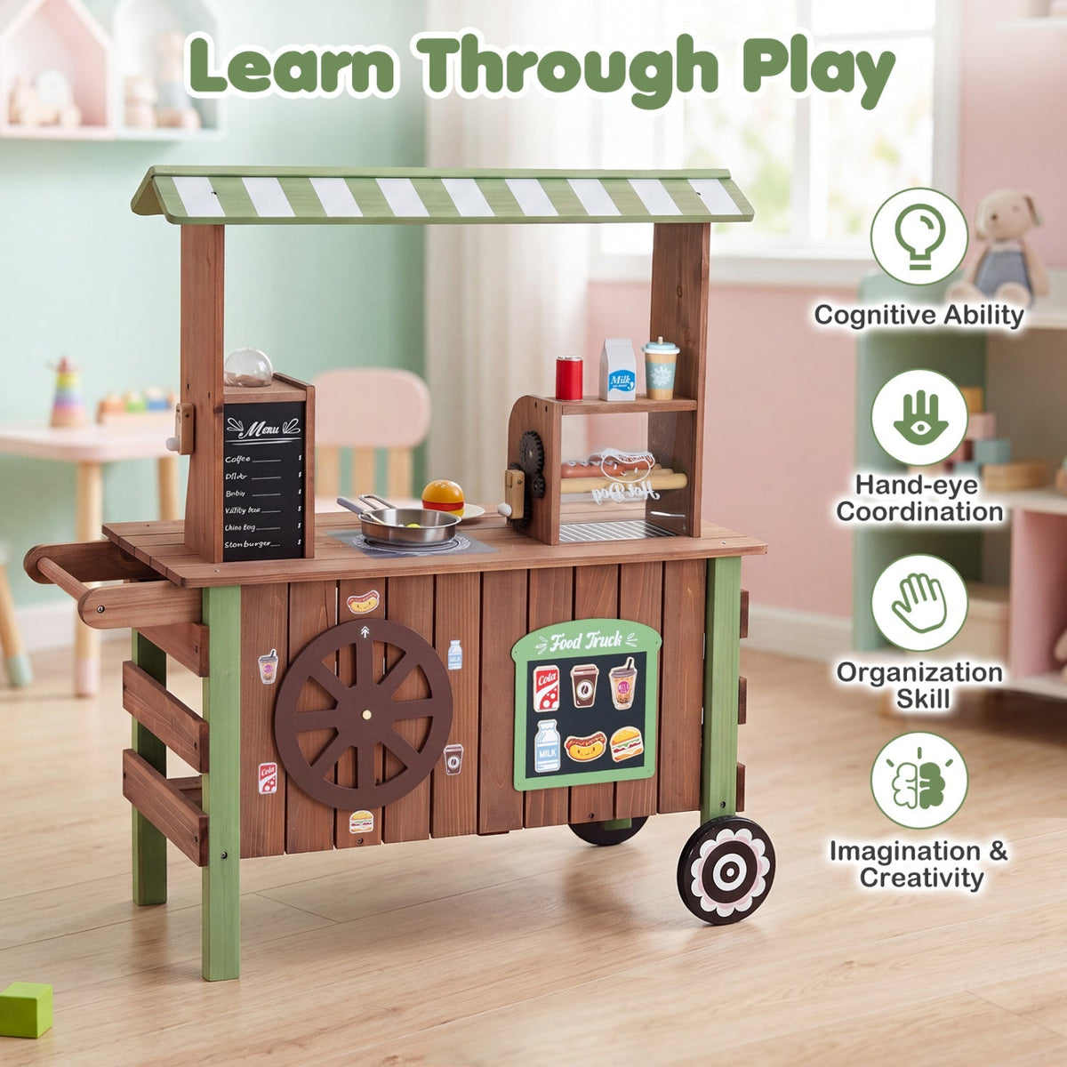 Wooden grocery store playset with wheels for kids, featuring shelves, food items, and play kitchen accessories by GBruno Store.