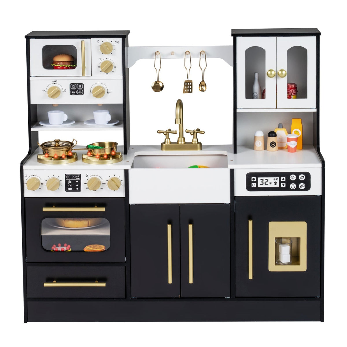 Wooden kids kitchen playset by GBruno Store featuring realistic lights, sounds, and play utensils on a colorful toy kitchen.