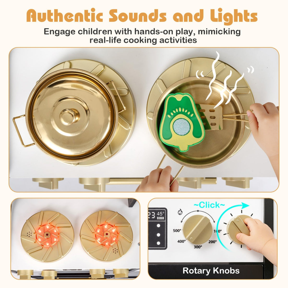 Wooden kids kitchen playset with realistic lights and sounds, featuring a colorful stove, sink, and storage for imaginative play
