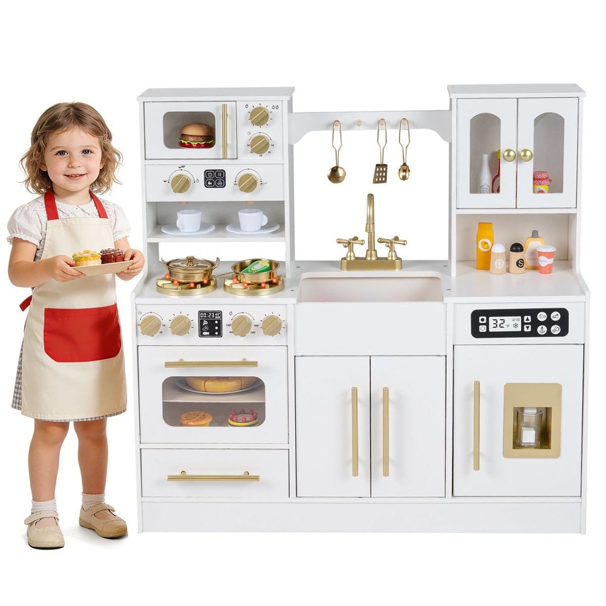 Wooden kids kitchen playset with realistic lights and sounds, featuring stove, sink, and utensils for imaginative play.