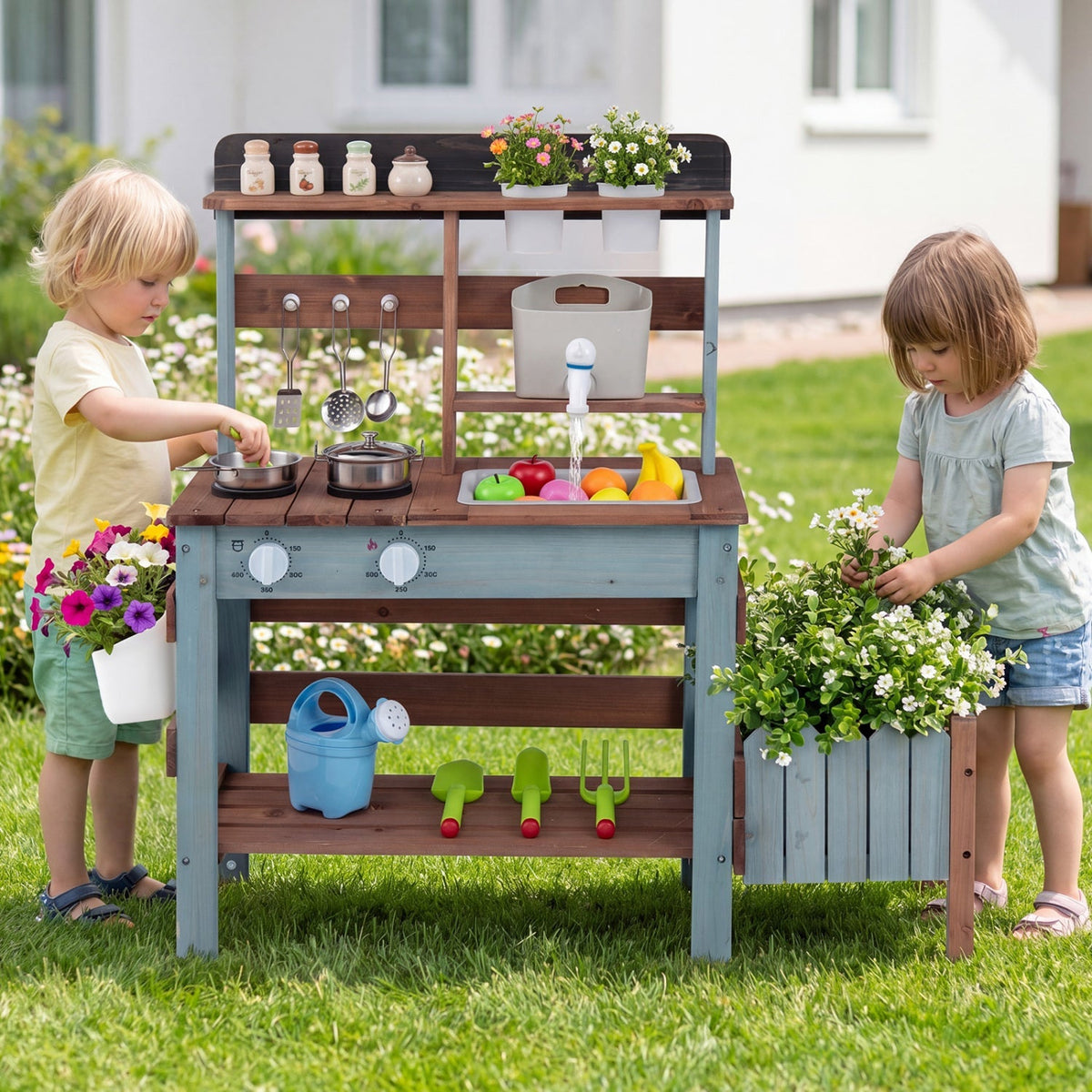 Wooden mud kitchen set with running water faucet and tank for kids, featuring natural wood finish and play cooking accessories.