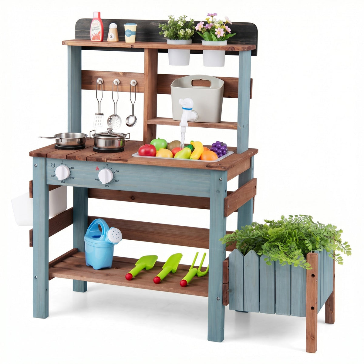 Wooden mud kitchen set with running water faucet and tank, designed for imaginative play and outdoor fun.