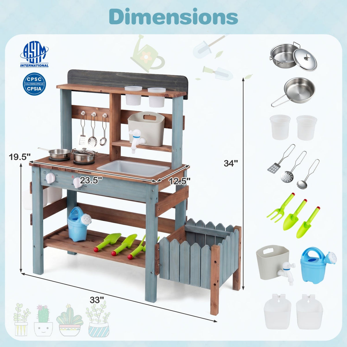 Wooden mud kitchen set with running water faucet and tank, ideal for children's imaginative outdoor play.