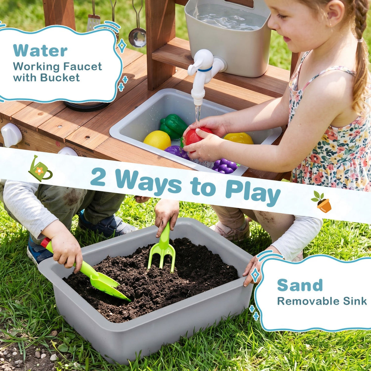 Wooden mud kitchen set by GBruno Store featuring a running water faucet, sink, and play utensils for kids' outdoor pretend play.