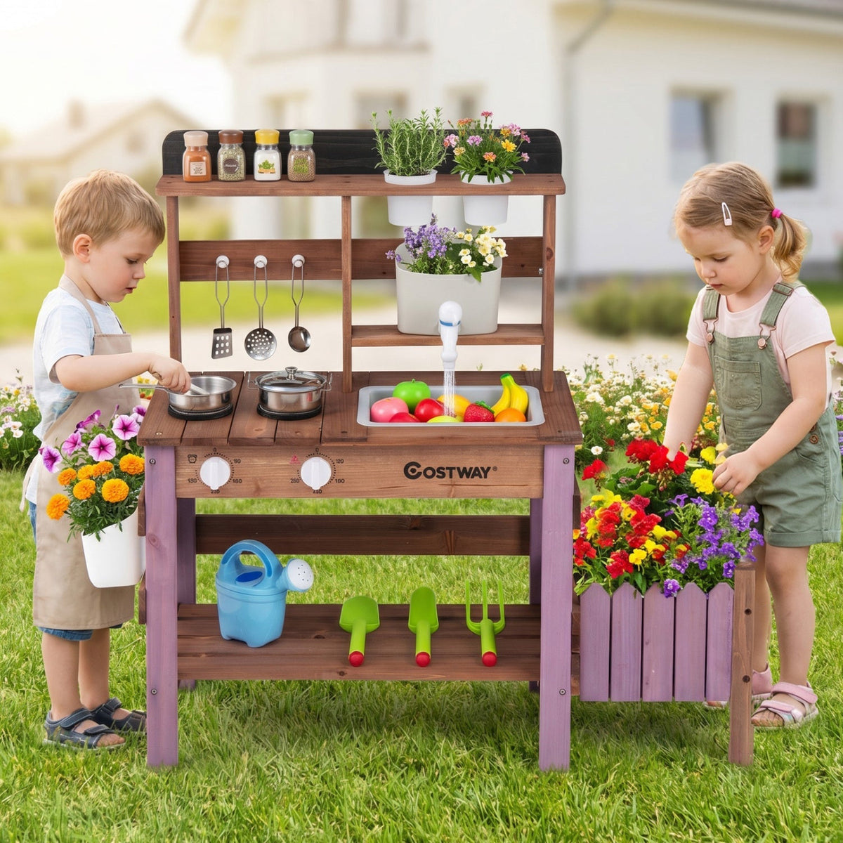 Wooden mud kitchen set with running water faucet and tank, suitable for children’s outdoor play, by GBruno Store.