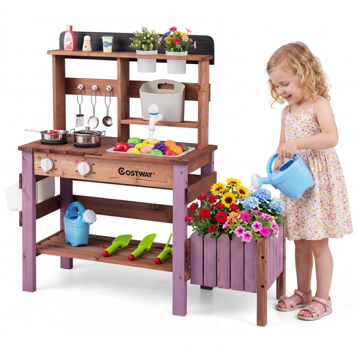 Wooden mud kitchen set with running water faucet and tank, ideal for imaginative play and outdoor fun for kids.