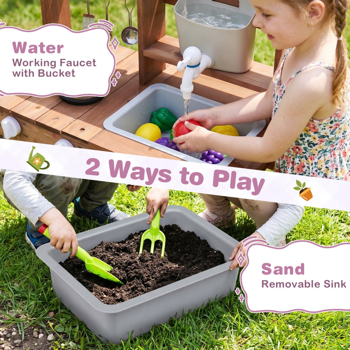 Wooden mud kitchen set with running water faucet and tank, child play kitchen toy from GBruno Store