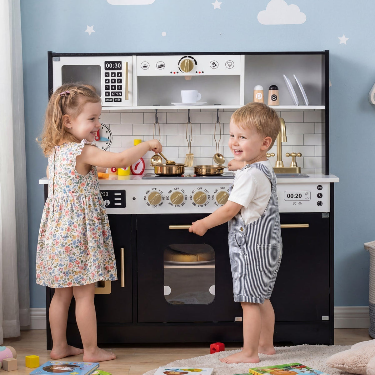 Wooden play kitchen for kids with realistic lights, sounds, and accessories by GBruno Store