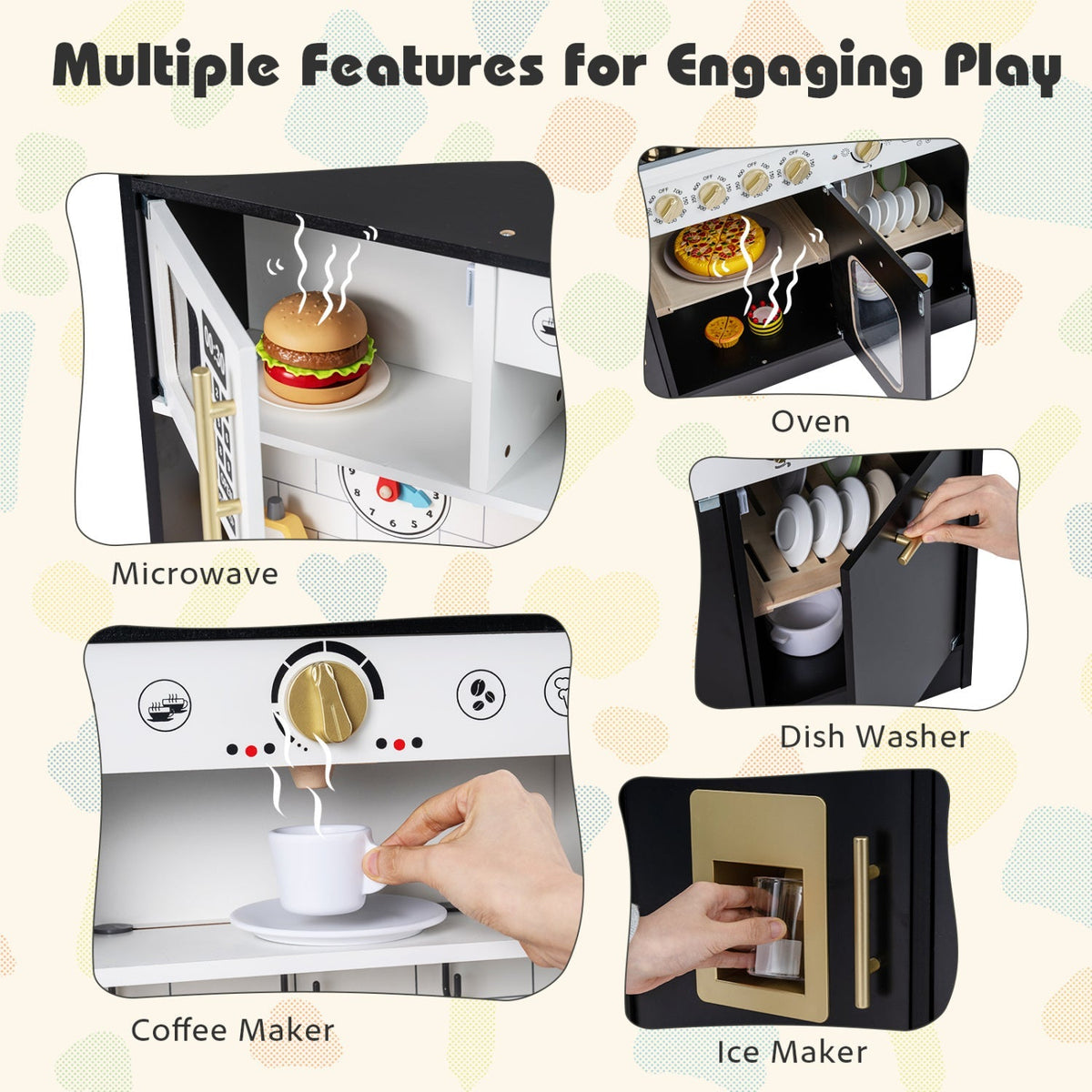 Wooden play kitchen for kids with realistic lights and sounds, featuring stove, oven, and sink for imaginative role-playing.