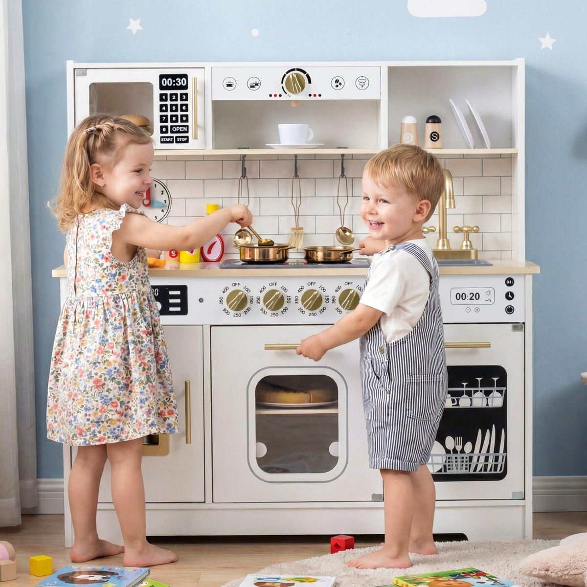 Wooden play kitchen for kids with realistic lights and sounds, featuring stove, oven, and sink for imaginative play.