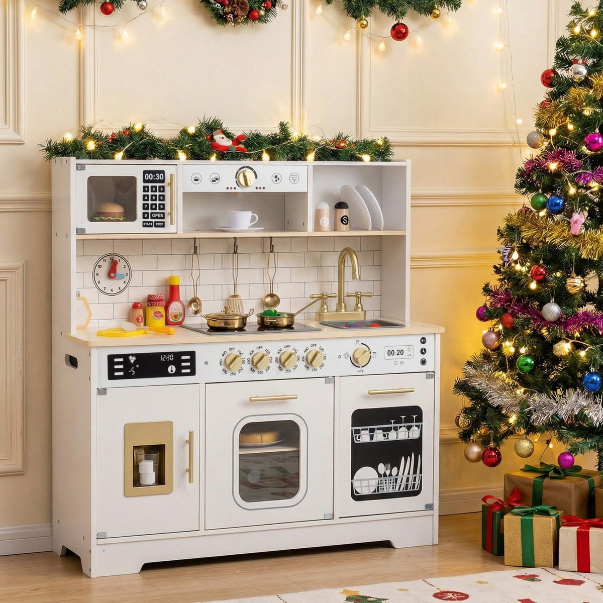 Wooden play kitchen for kids with realistic lights and sounds, featuring stove, oven, and sink in a colorful design.