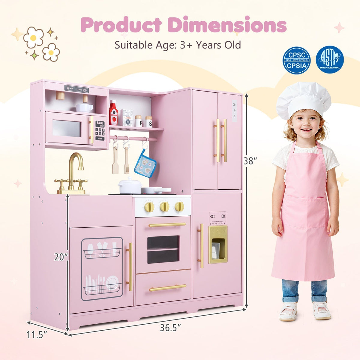 Wooden play kitchen set with lights and sounds for kids ages 3+ by GBruno Store, featuring realistic stove, sink, and storage areas.