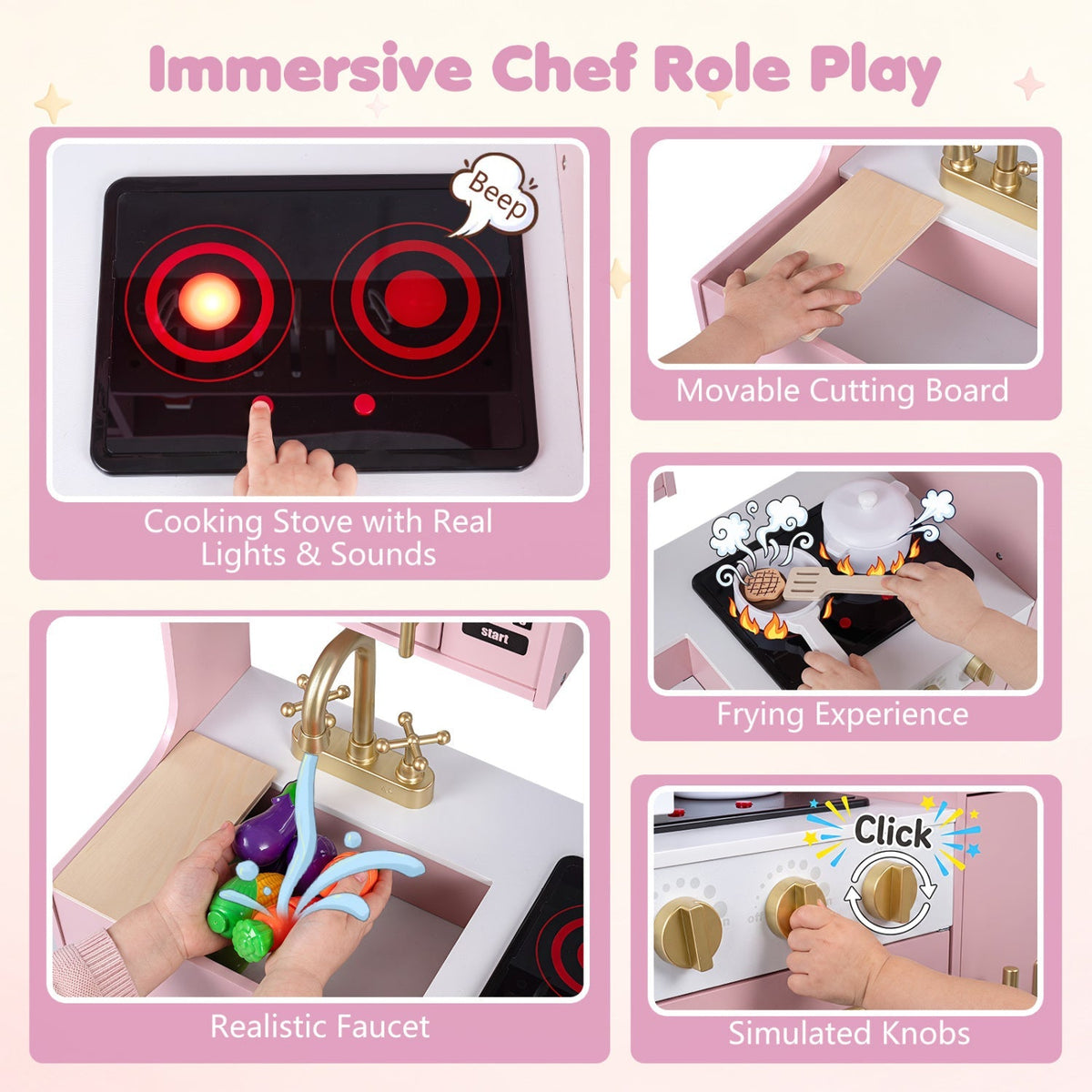 Wooden play kitchen set by GBruno Store with lights and sounds, designed for kids ages 3 and up, featuring realistic kitchen appliances.