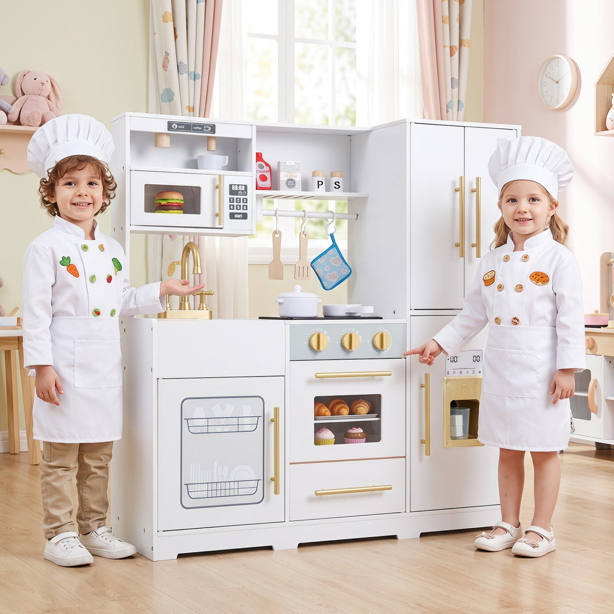 Wooden play kitchen set with lights and sounds for kids, featuring realistic stove, oven, and countertop from GBruno Store.