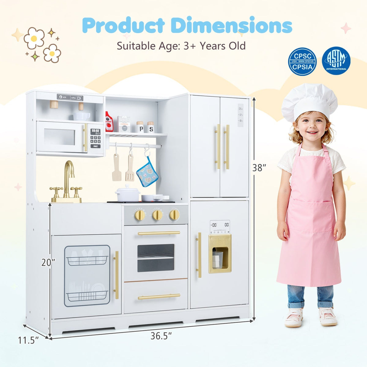 Wooden play kitchen set by GBruno Store with lights, sounds, stove, sink, and storage for kids age 3+ in a bright, realistic design.